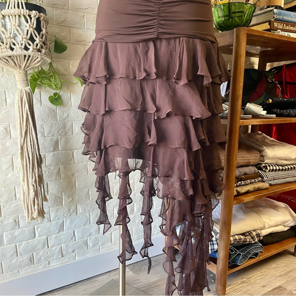 VTG Y2K BCBG MAXAZRIA Brown Ruched Halter Chiffon Ribbon Asymmetrical Dress - Picture 13 of 16